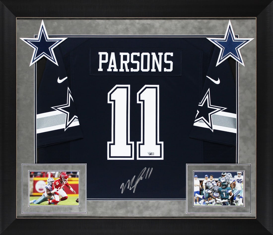 Micah Parsons Signed Framed Dallas Cowboys Nike Jersey 32 x 37: Micah Parsons Signed Framed Dallas Cowboys Nike Jersey 32 x 37 Celebrate your support for the Dallas Cowboys with this Micah Parsons signed and framed navy blue Nike game jersey. The jersey features a