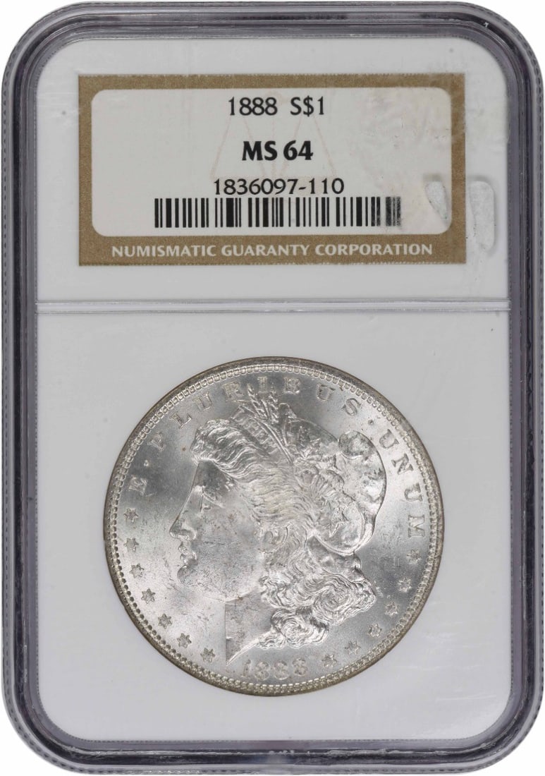 MS64 1888 Morgan Dollar NGC Certified 90 Percent Silver Philadelphia Mint: MS64 1888 Morgan Dollar NGC Certified 90 Percent Silver Philadelphia Mint This 1888 Morgan Silver Dollar is certified MS64 by NGC and was struck at the Philadelphia Mint. Composed of 90% silver and 10