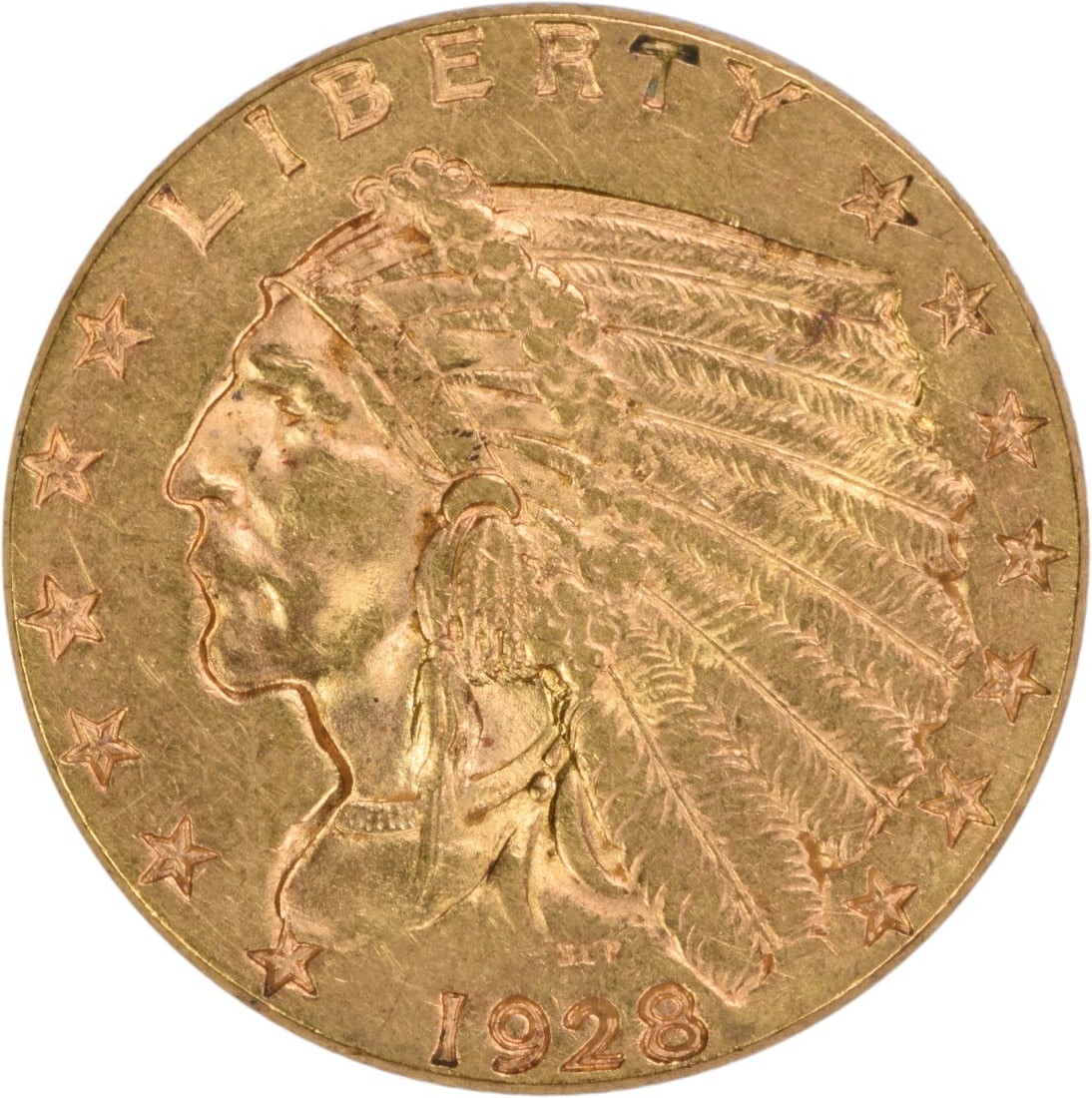 1928 Indian Head $2.50 Gold Coin AU Grade Uncertified United States: 1928 Indian Head $2.50 Gold Coin AU Grade Uncertified United States This 1928 $2.50 Gold Indian coin was minted in Philadelphia and features the iconic design by Bela Lyon Pratt. Composed of 90% gold 