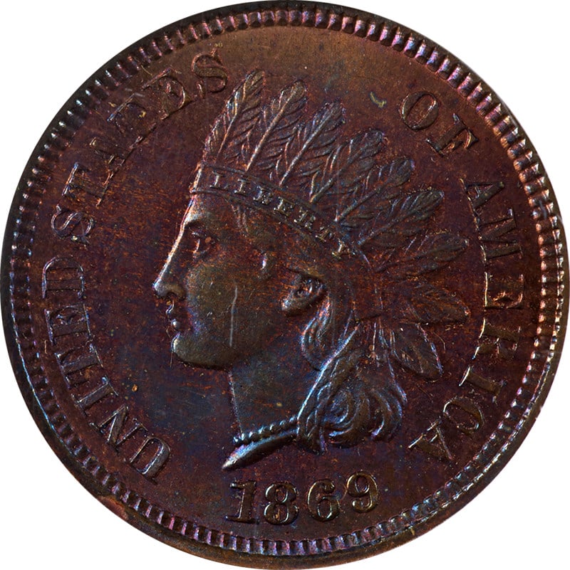 1869 Indian Cent NGC MS66 RB Electric Blue Vibrant Appeal: 1869 Indian Cent NGC MS66 RB Electric Blue Vibrant Appeal This stunning 1869 Indian Cent showcases superb eye appeal with its fantastic luster and a strong strike. The coin is adorned with gorgeous el