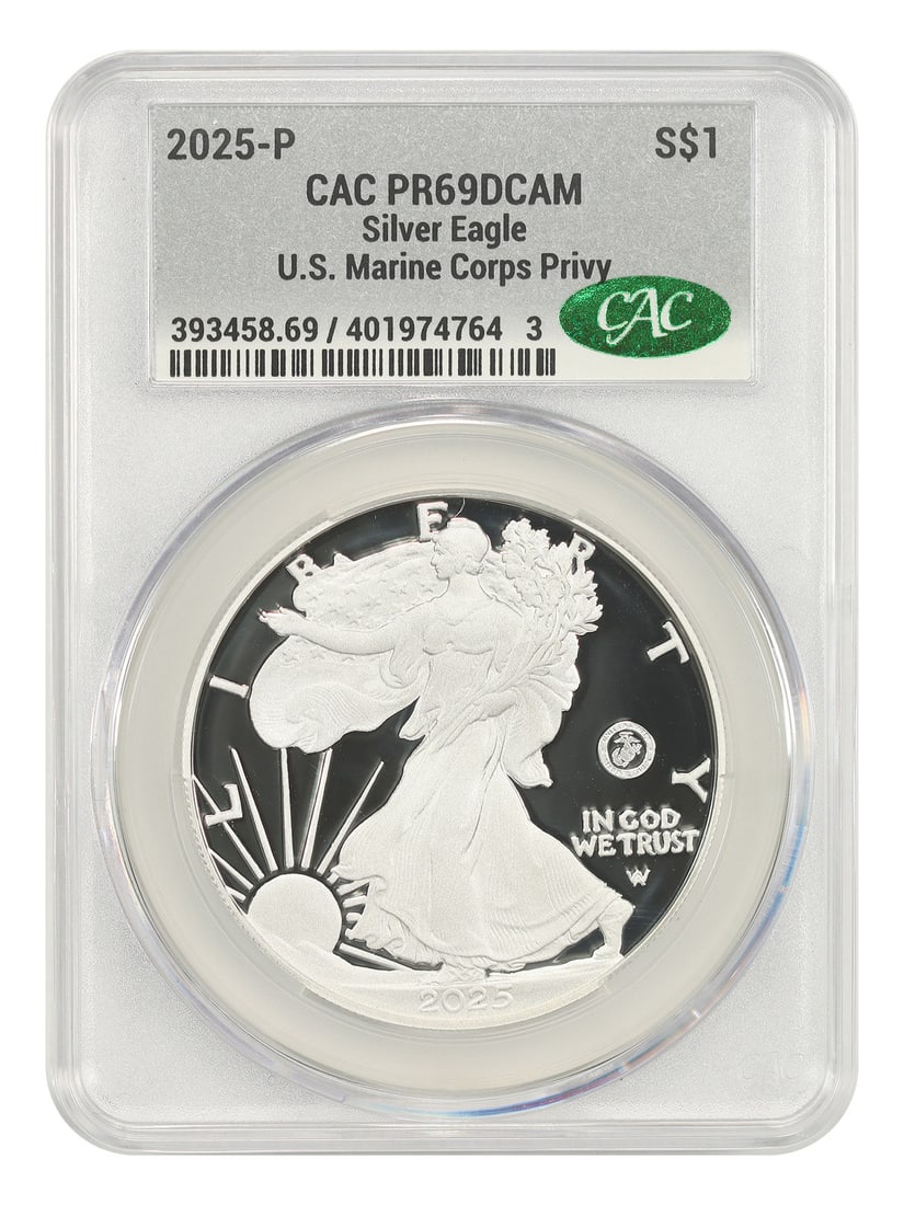 CACG PR69DCAM 2025-P Silver Eagle $1 Marine Corps Privy (1 of 4)