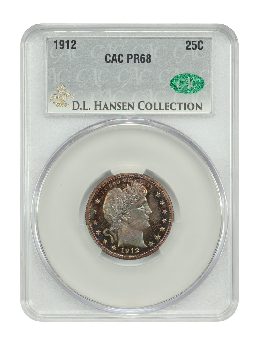 CACG PR68 1912 Barber Quarter 25C ex D.L. Hansen: CACG PR68 1912 Barber Quarter 25C ex D.L. Hansen 1912 Barber Quarter, graded PR68 and certified by CACG. This uncirculated Philadelphia proof issue comes from a relatively low proof production of just