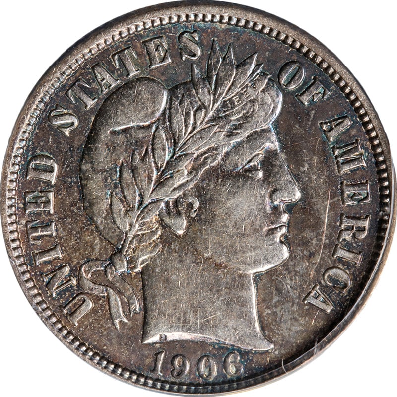 1906-D ANACS AU58 Details Barber Silver Dime: 1906-D ANACS AU58 Details Barber Silver Dime This 1906-D Barber Dime is graded AU58 Details by ANACS. Struck in silver with a fineness of 0.9, it was minted at the Denver Mint. The coin has decent eye