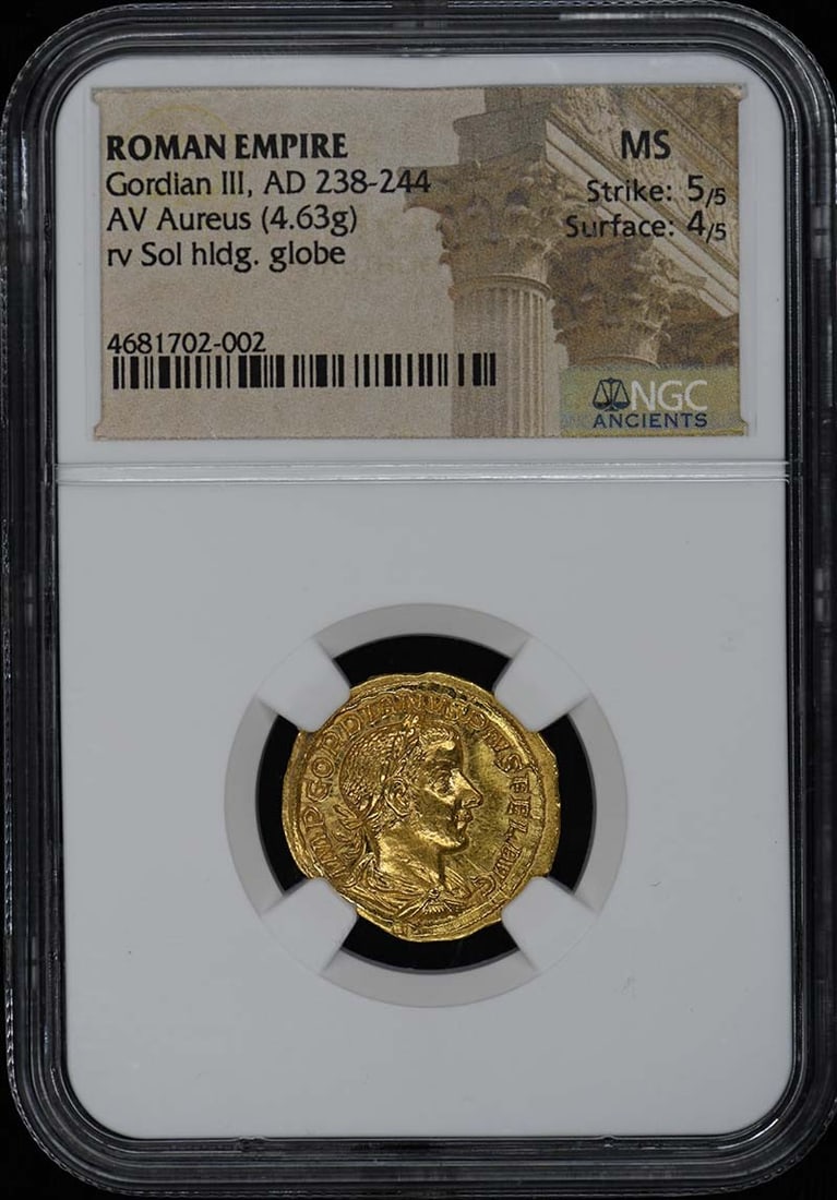 Roman Gold Aureus of Gordian III NGC Certified MS 4.63g AD 238-244: Roman Gold Aureus of Gordian III NGC Certified MS 4.63g AD 238-244 This is a Roman Empire AV Aureus gold coin from the reign of Gordian III, dated AD 238-244. The coin weighs 4.63 grams and has been g