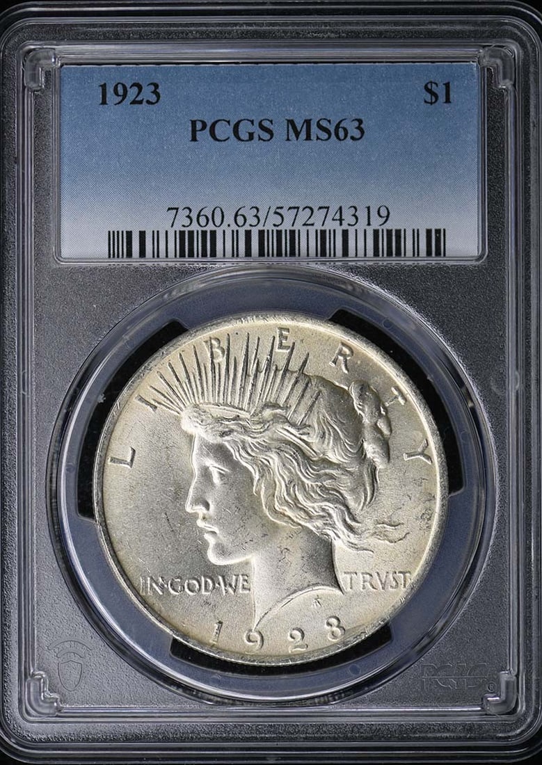 1923 Peace Silver Dollar Uncirculated MS63 PCGS Certified: 1923 Peace Silver Dollar Uncirculated MS63 PCGS Certified This is a 1923 Peace Dollar coin graded MS63 by PCGS, indicating a high-quality, uncirculated condition. Minted in Philadelphia, the coin is a