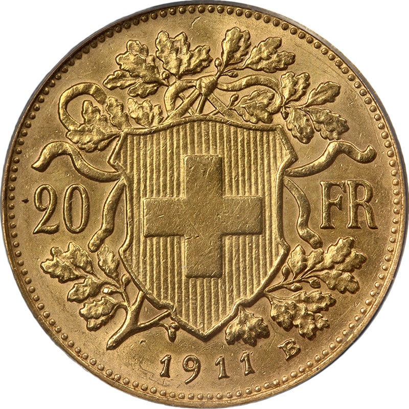Switzerland 1911 B 20 Franc Gold Coin ANACS AU55: Switzerland 1911 B 20 Franc Gold Coin ANACS AU55 This is an original 1911 B Switzerland Gold 20 Franc coin, graded AU55 by ANACS. The coin features attractive luster and a well-defined strike. It is c