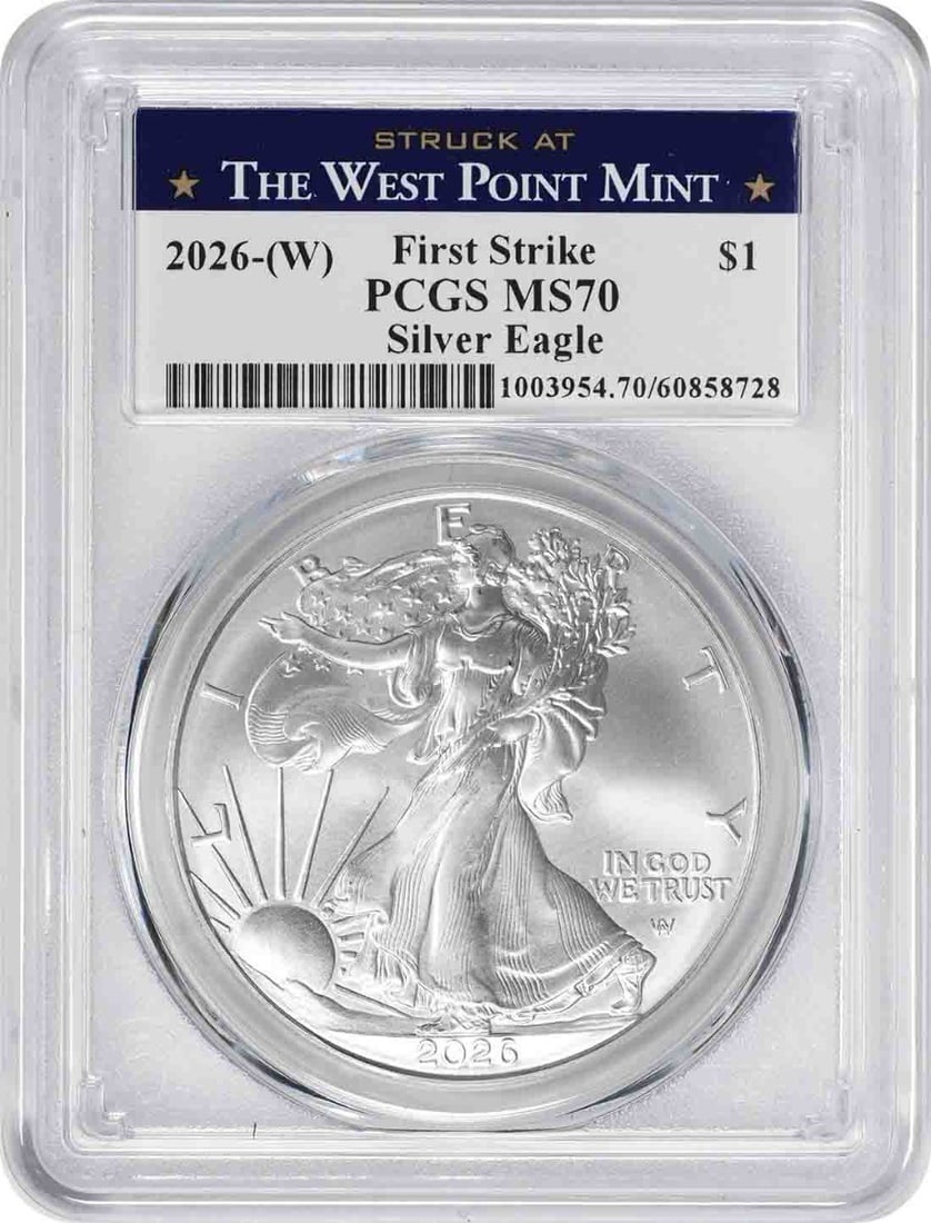 2026 W American Silver Eagle PCGS MS70 First Strike: 2026 W American Silver Eagle PCGS MS70 First Strike This 2026 American Silver Eagle coin contains 1 ounce of .999 fine silver and is graded MS70 by PCGS. It features the First Strike (FS) designation 