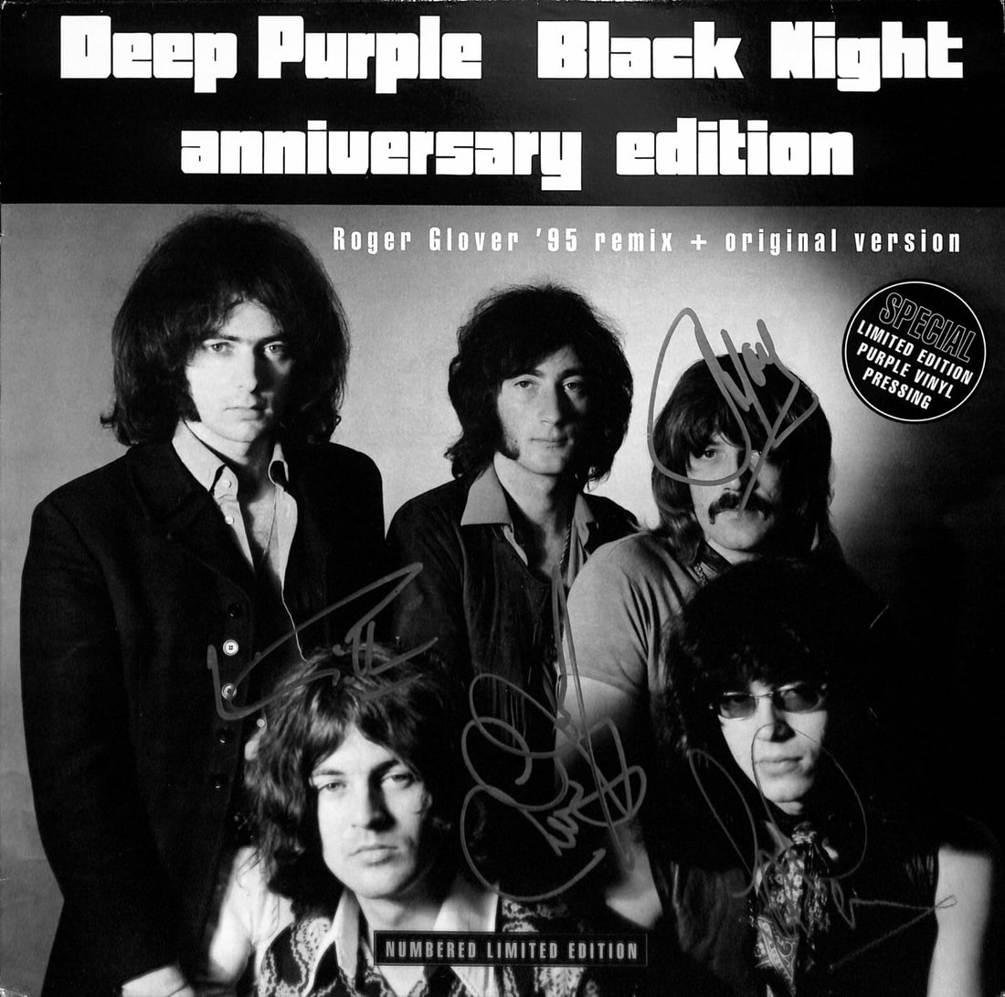 Deep Purple Black Night Signed LP 4 Autographs Beckett LOA: Deep Purple Black Night Signed LP 4 Autographs Beckett LOA This is a pre-owned Deep Purple signed LP album, celebrating the anniversary of their iconic track "Black Night." The album cover features th