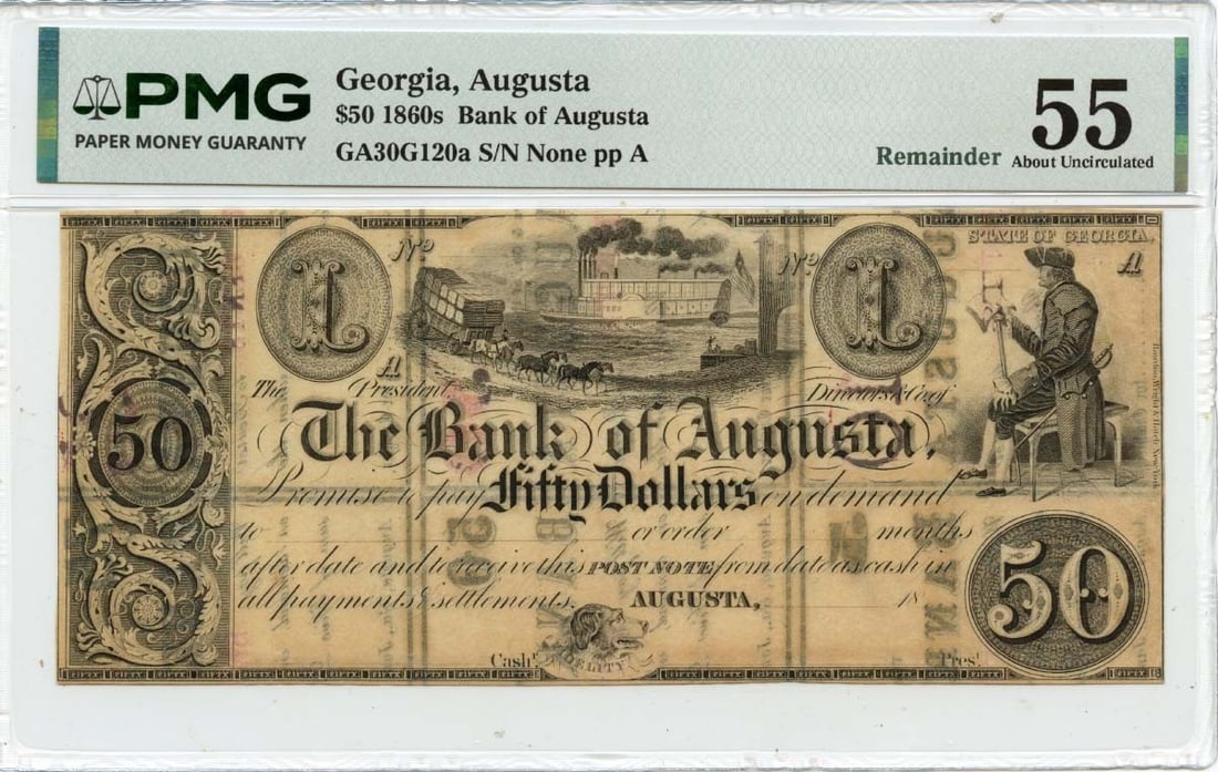 Bank of Augusta $50 Obsolete Note PMG AU55 Circa 1860s Reverse Printing (1 of 2)
