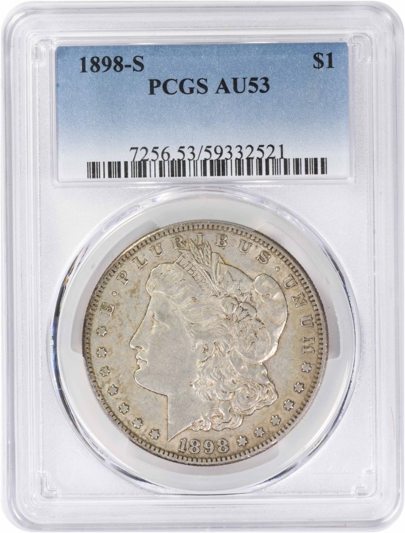 PCGS AU53 1898 S Morgan Silver Dollar $1 Coin: PCGS AU53 1898 S Morgan Silver Dollar $1 Coin 1898-S Morgan Silver Dollar graded AU53 by PCGS. This circulated coin is composed of 90% silver and 10% copper, with a reeded edge and the San Francisco m