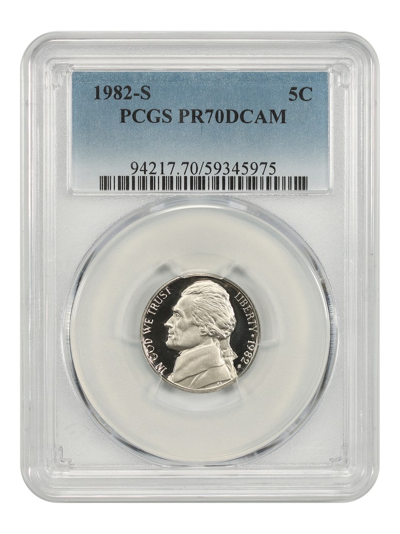 Jefferson Nickel 1982-S 5C PCGS PR70DCAM: Jefferson Nickel 1982-S 5C PCGS PR70DCAM 1982-S Jefferson Nickel graded PCGS PR70DCAM. This uncirculated 5C coin was minted in San Francisco and is certified by PCGS with certification number 59345975