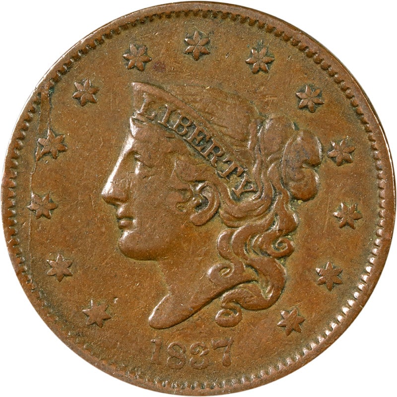 1837 United States Copper Large Cent Coin Circulated: 1837 United States Copper Large Cent Coin Circulated This 1837 Large Cent is a circulated copper coin from the United States. It is classified as Choice+ and is uncertified. The coin is pre-owned and 