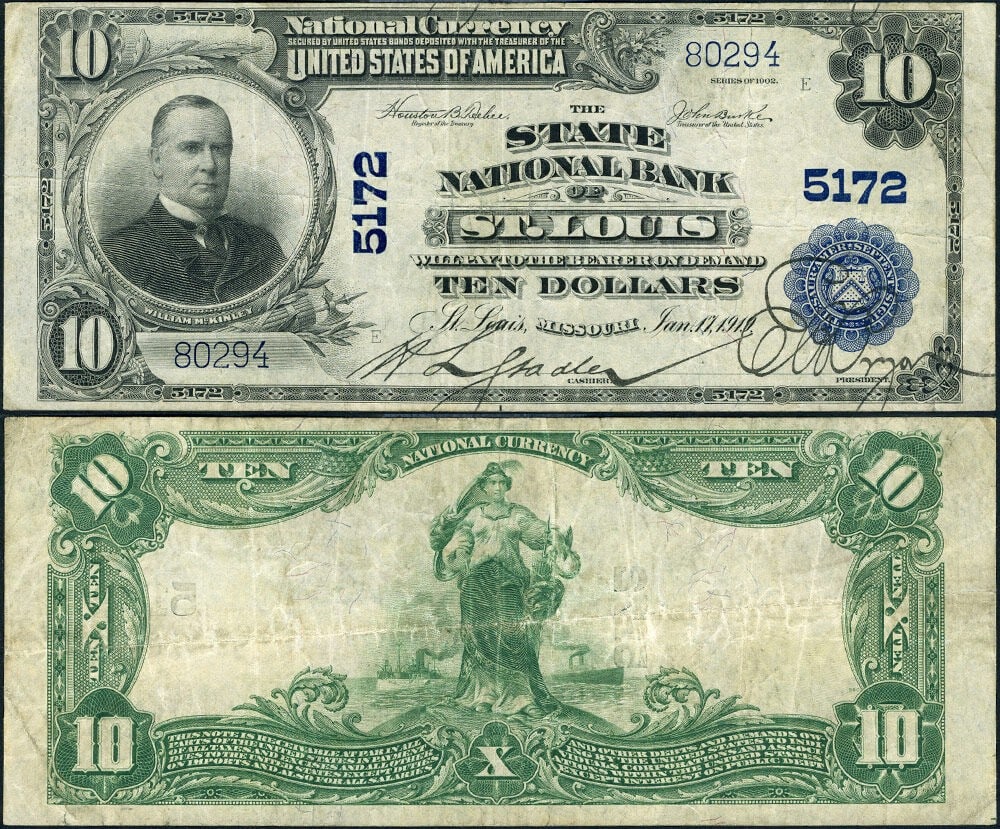 1902 PB $10 St Louis Missouri National Bank Note CH 5172 (1 of 3)