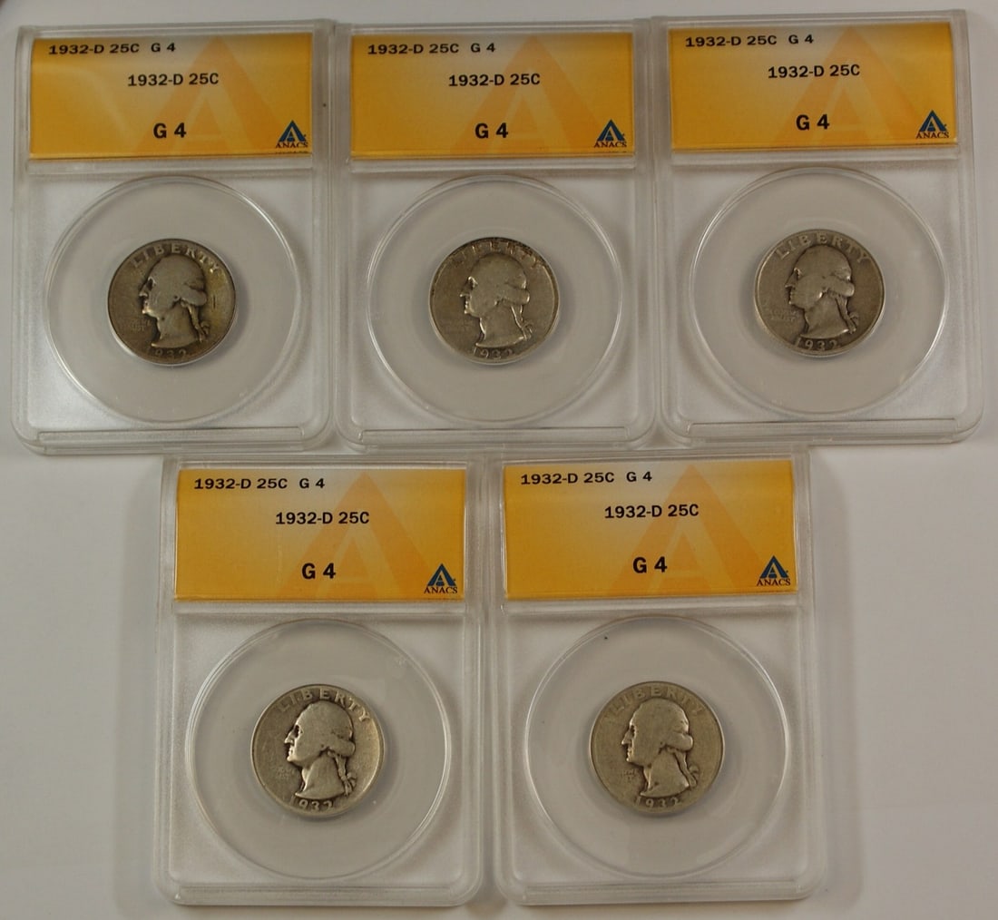 ANACS G-4 Graded 1932-D Washington Quarter Silver Coin: ANACS G-4 Graded 1932-D Washington Quarter Silver Coin This is a 1932-D Washington Quarter from the United States, composed of silver. The coin was minted in Denver and has a denomination of 25 cents.