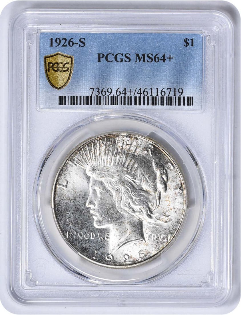 1926-S Peace Silver Dollar MS64 PCGS San Francisco Coin: 1926-S Peace Silver Dollar MS64 PCGS San Francisco Coin This 1926-S Peace Silver Dollar is a stunning example of American numismatic history, certified by PCGS with a grade of MS64+. Struck in 90% sil