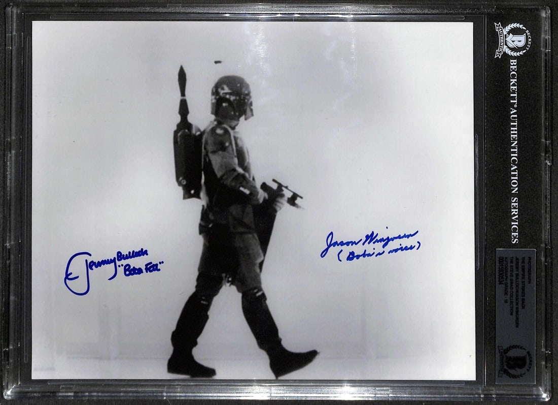 Star Wars Boba Fett 8x10 Photo Dual Signed Bulloch Wingreen Beckett 10: Star Wars Boba Fett 8x10 Photo Dual Signed Bulloch Wingreen Beckett 10 This is an original 8x10-inch photograph featuring Boba Fett on Bespin from Star Wars: The Empire Strikes Back, signed in blue pe