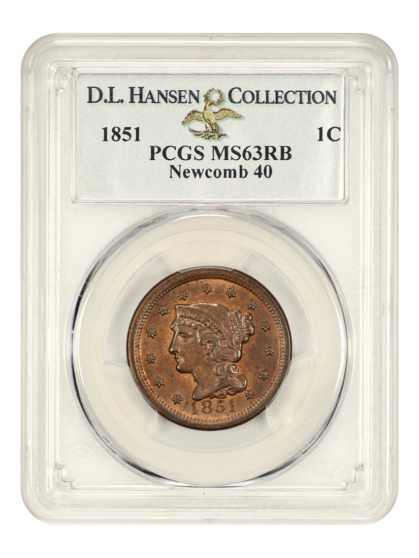 1851 Braided Hair Cent 1C PCGS MS63 RB Newcomb 40 ex D.L. Hansen: 1851 Braided Hair Cent 1C PCGS MS63 RB Newcomb 40 ex D.L. Hansen 1851 Braided Hair Cent graded MS63 RB by PCGS, with certification number 31544248. This uncirculated Philadelphia 1C coin is identified