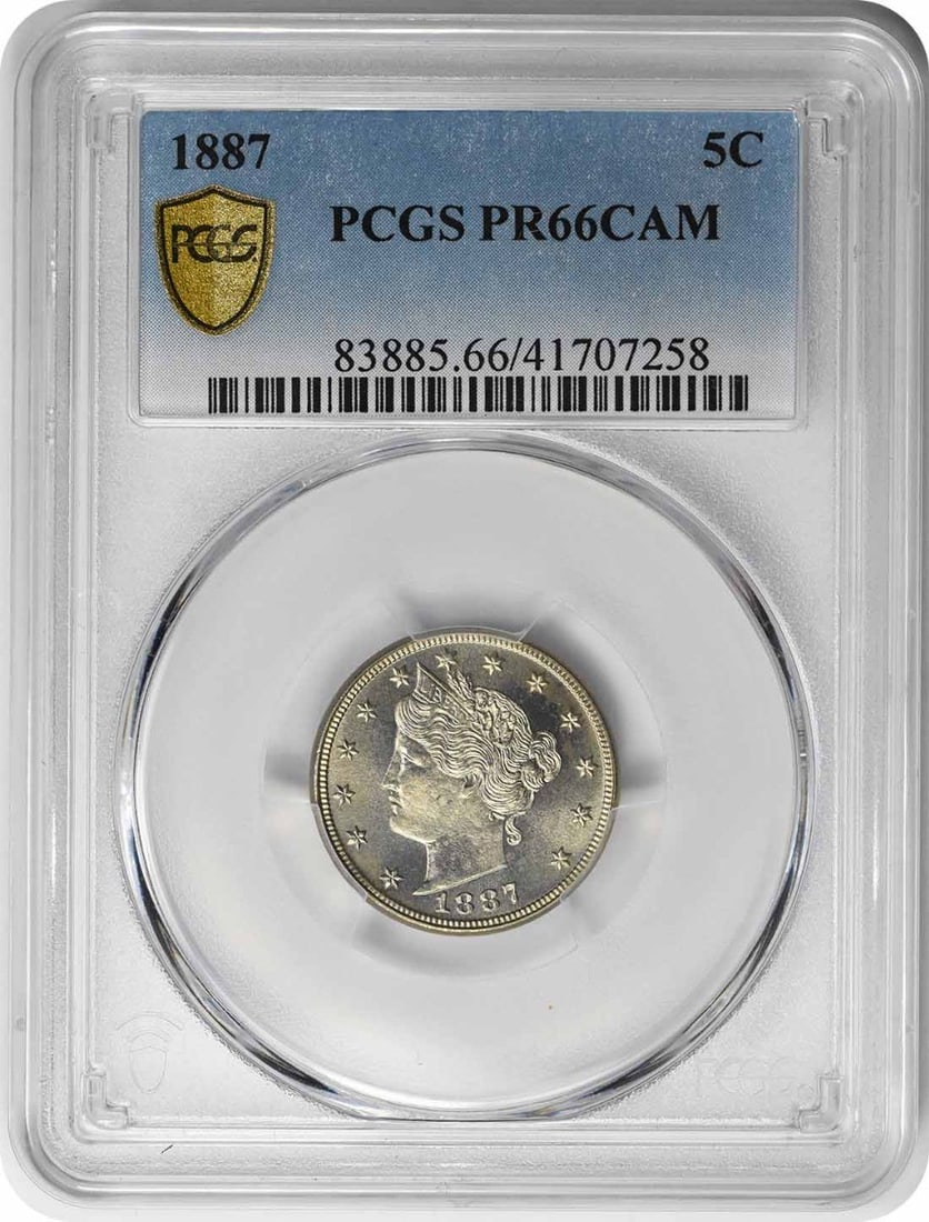 PCGS PR66CAM 1887 Liberty 5C Proof Nickel: PCGS PR66CAM 1887 Liberty 5C Proof Nickel This is an 1887 Liberty Nickel, graded PR66CAM by PCGS. The coin is a proof strike with no mint mark, composed of nickel, and has a denomination of 5 cents. I