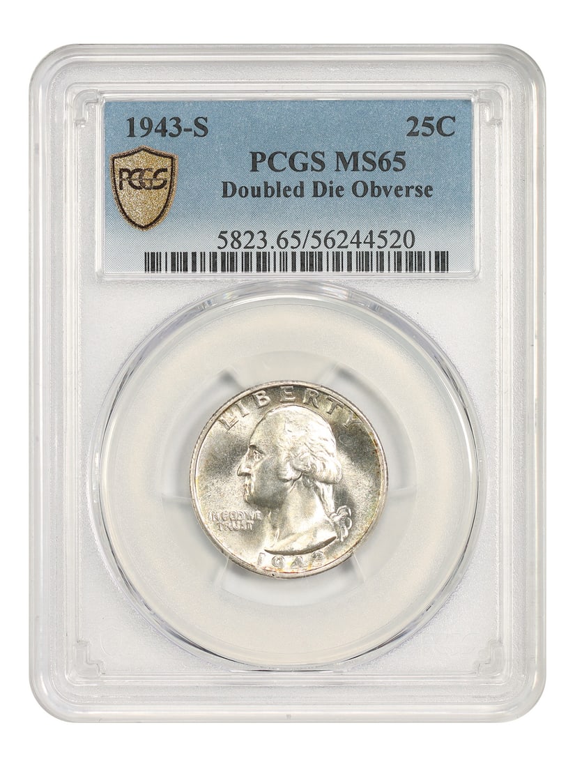 PCGS MS65 1943-S Washington Quarter 25C Doubled Die Obverse: PCGS MS65 1943-S Washington Quarter 25C Doubled Die Obverse 1943-S Washington Quarter, denomination 25C, certified by PCGS as MS65. This uncirculated coin is noted as a Doubled Die Obverse variety wit