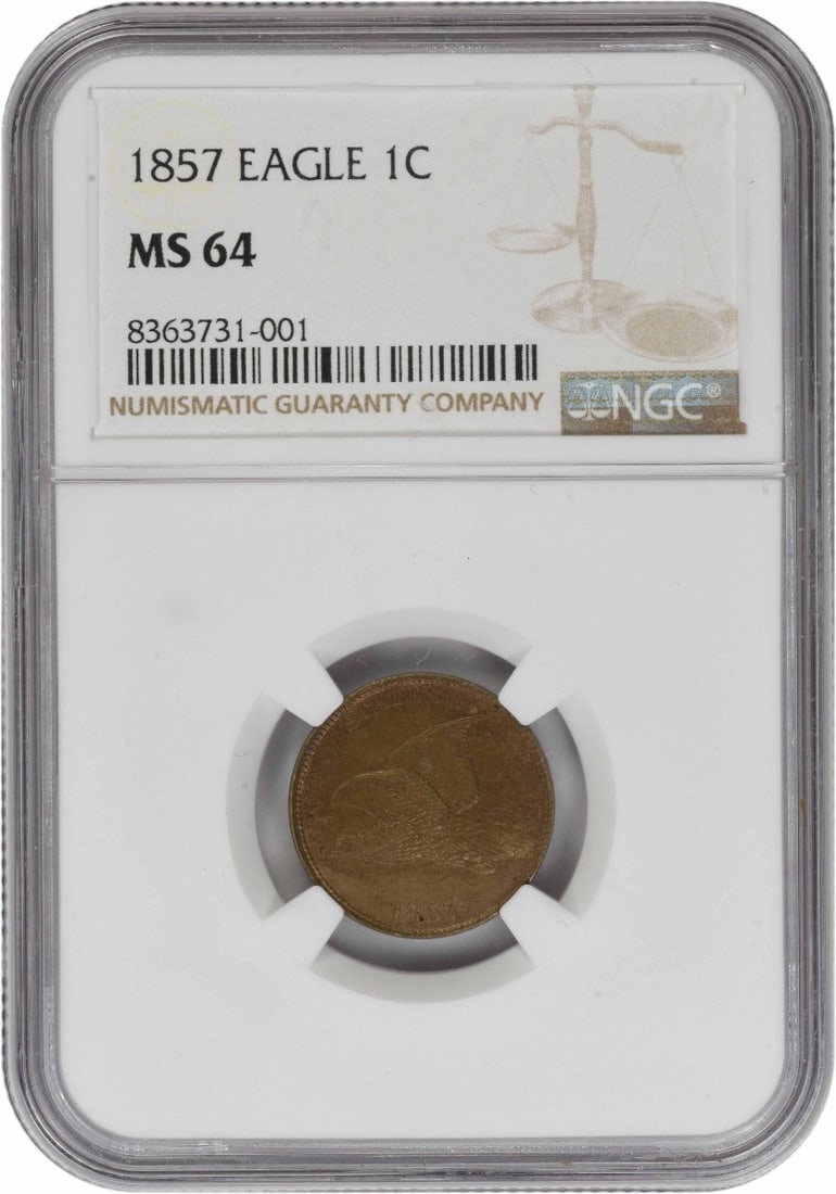 NGC MS64 1857 Flying Eagle Small Cent Uncirculated Coin: NGC MS64 1857 Flying Eagle Small Cent Uncirculated Coin This 1857 Flying Eagle Cent is an un-used, pre-owned coin certified by NGC with a grade of MS64. Struck at the Philadelphia Mint, it features a 