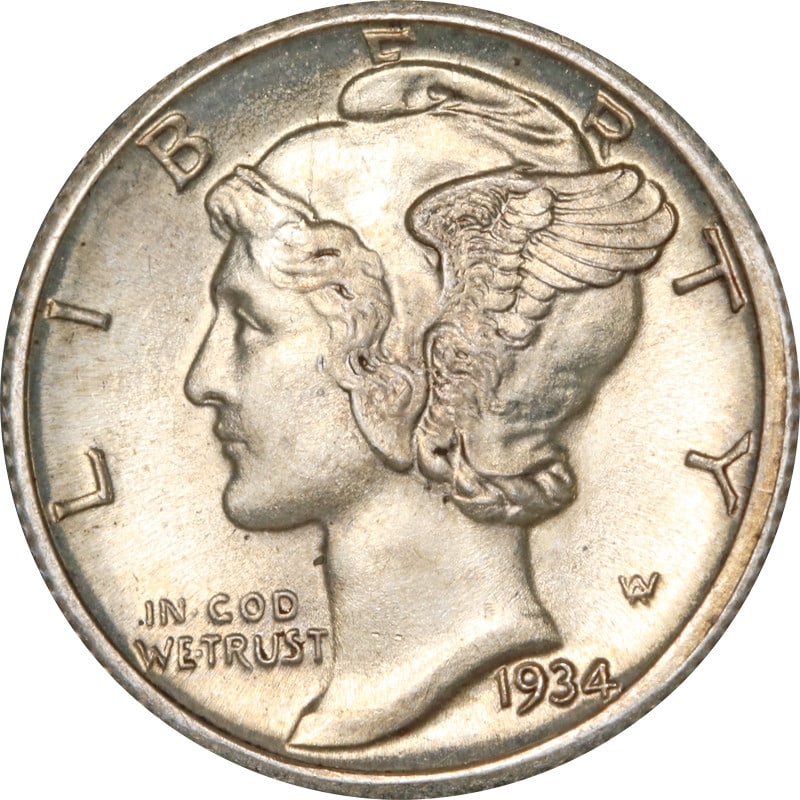 Uncirculated 1934 D Mercury Dime Silver Split Bands: Uncirculated 1934 D Mercury Dime Silver Split Bands 1934-D Mercury Dime with Split Bands designation. The coin is uncirculated and pre-owned, with a silver composition and 0.9 fineness. It was minted 