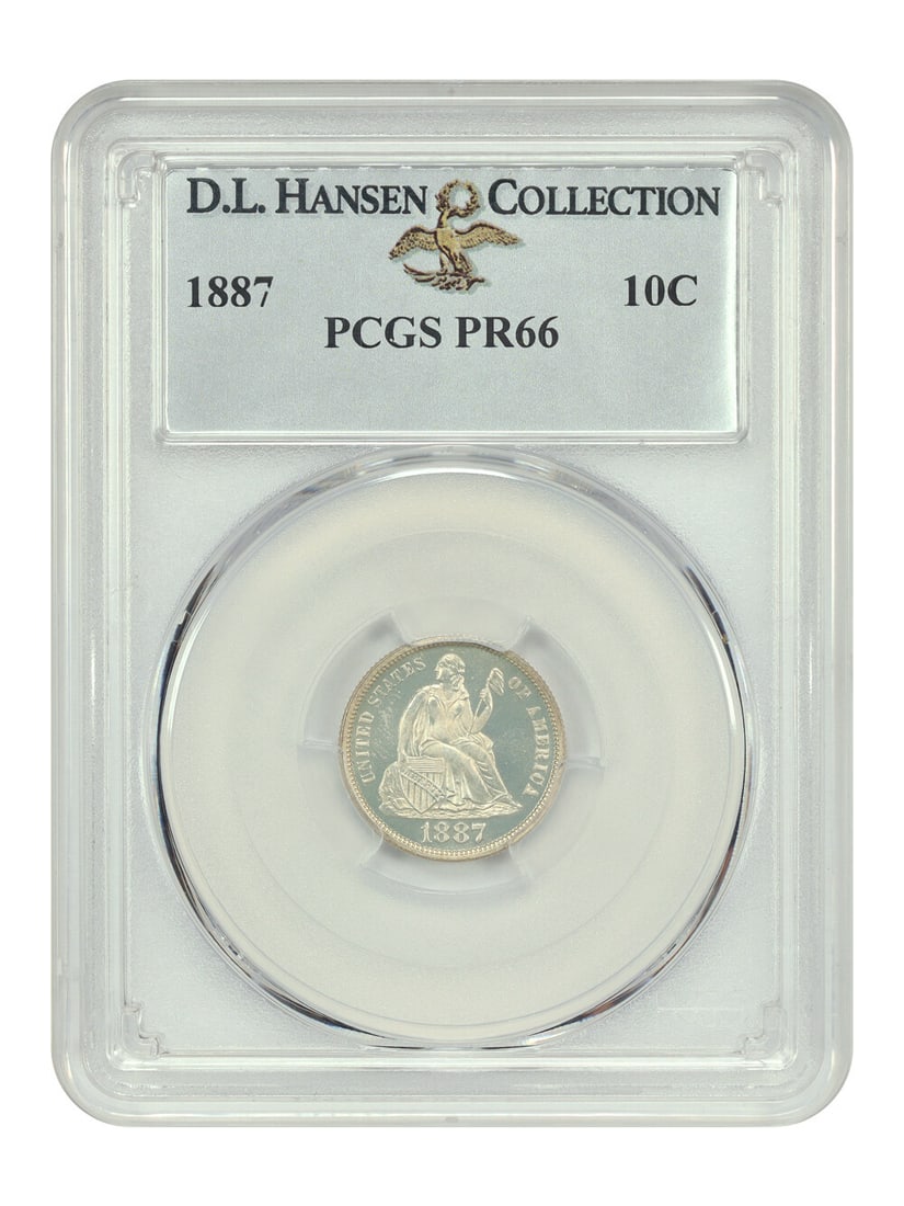 1887 Liberty Seated Dime PCGS PR66 Iridescent Gold Finish: 1887 Liberty Seated Dime PCGS PR66 Iridescent Gold Finish This stunning 1887 10C Liberty Seated Dime is graded PR66 by PCGS, showcasing exceptional quality and beauty. Struck in Philadelphia, this unc