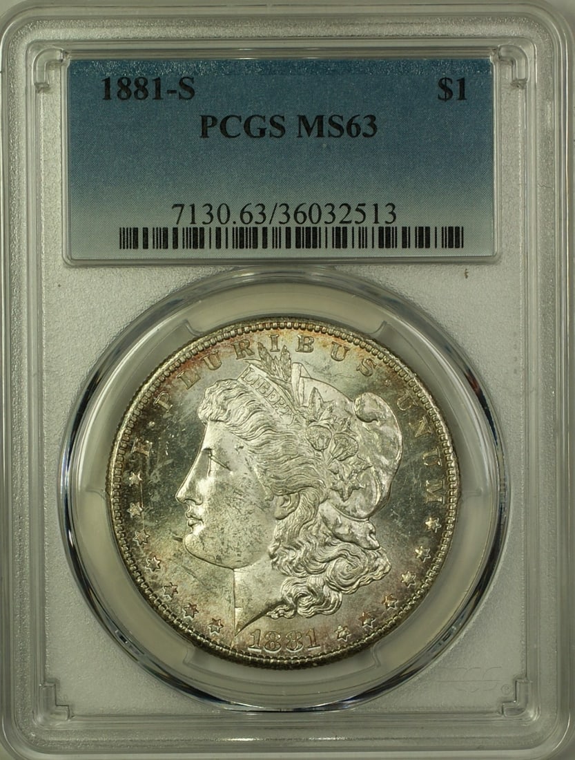 PCGS MS-63 1881-S Morgan Dollar Silver Coin Light Toning San Francisco Mint: PCGS MS-63 1881-S Morgan Dollar Silver Coin Light Toning San Francisco Mint This is an 1881-S Morgan Silver Dollar, certified by PCGS with a grade of MS-63. Struck at the San Francisco Mint, this unci
