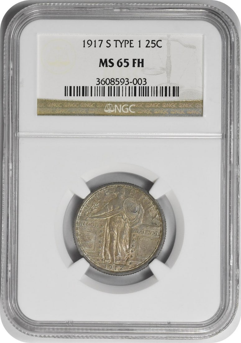 NGC MS65FH 1917-S Standing Liberty 25C Silver Quarter: NGC MS65FH 1917-S Standing Liberty 25C Silver Quarter This 1917-S Standing Liberty Silver Quarter Type 1 is graded MS65FH by NGC. Struck at the San Francisco Mint, this uncirculated coin is composed o