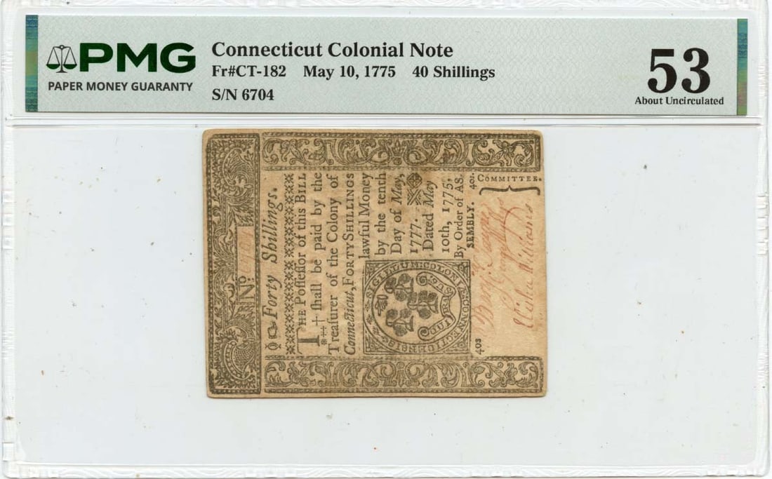 Connecticut May 10 1775 Colonial Currency 40 Shillings PMG AU53: Connecticut May 10 1775 Colonial Currency 40 Shillings PMG AU53 This Connecticut Colonial Note dated May 10, 1775, is a 40 shillings denomination and is identified as FR#CT-182. Certified by PMG with 