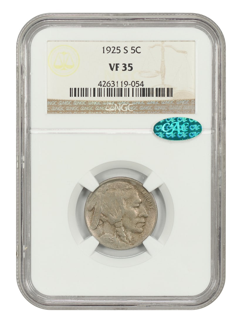 Scarce Date 1925 S Buffalo Nickel 5C NGC CAC VF35: Scarce Date 1925 S Buffalo Nickel 5C NGC CAC VF35 This is a 1925-S Buffalo Nickel in circulated condition, certified by NGC and labeled VF35. The coin is described as a scarce date and includes CAC ap