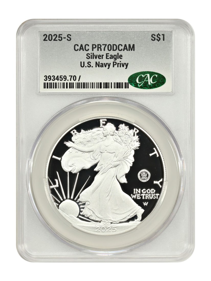 CACG PR70DCAM 2025-S Silver Eagle $1 U.S. Navy Privy: CACG PR70DCAM 2025-S Silver Eagle $1 U.S. Navy Privy 2025-S $1 Silver Eagle CACG PR70DCAM with Navy Privy. This uncirculated Silver Eagle is certified by CACG and graded PR70DCAM. It is a 2025 issue f