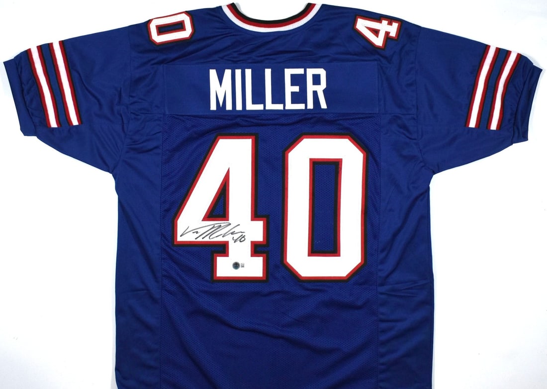Von Miller signed Buffalo Bills blue pro style jersey Beckett hologram: Von Miller signed Buffalo Bills blue pro style jersey Beckett hologram This blue pro style football jersey is autographed by Von Miller and features a Beckett W hologram for authenticity. The jersey r