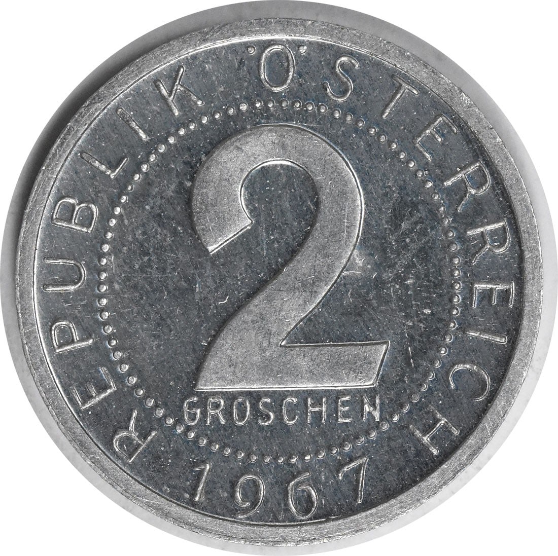 1967 Austria 2 Groschen Coin KM2876 Limited Mintage 13000: 1967 Austria 2 Groschen Coin KM2876 Limited Mintage 13000 This 1967 Austria 2 Groschen coin, part of the KM2876 series, features a unique composition of aluminum and has a limited mintage of only 13,0