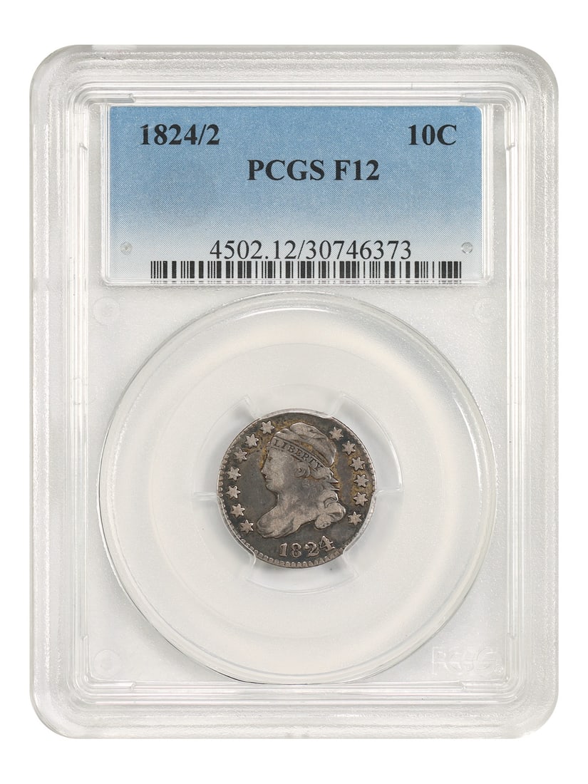 PCGS Fine 12 1824 10C Capped Bust Dime: PCGS Fine 12 1824 10C Capped Bust Dime This 1824/2 Capped Bust Dime is a circulated coin certified by PCGS with a Fine 12 grade. Minted in Philadelphia, this pre-owned coin features the classic Capped
