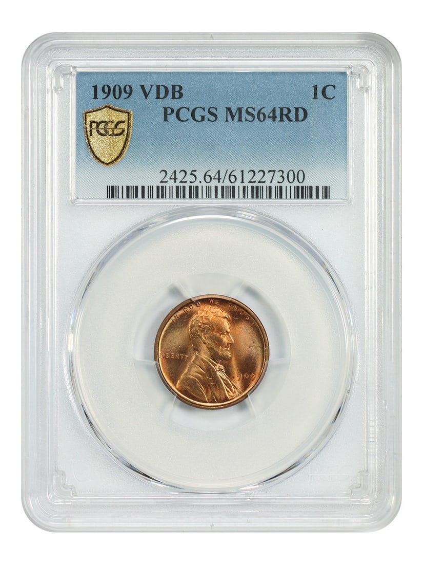 PCGS MS64RD 1909 Lincoln Wheat Cent VDB 1C: PCGS MS64RD 1909 Lincoln Wheat Cent VDB 1C 1909 Lincoln Cent (Wheat Reverse) VDB issue, certified by PCGS as MS64RD. This is a popular first-year issue with the designer's initials VDB added to the re