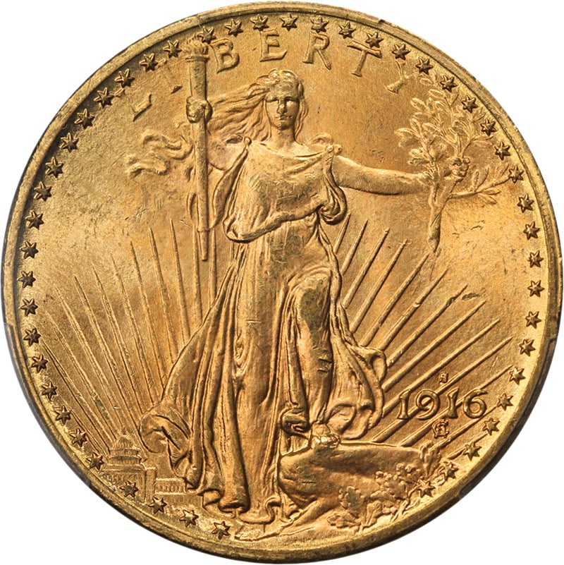PCGS MS64 1916-S Saint-Gaudens $20 Gold Coin Uncirculated: PCGS MS64 1916-S Saint-Gaudens $20 Gold Coin Uncirculated This original 1916-S Saint-Gaudens Gold $20 coin is graded PCGS MS64, showcasing superb color, fantastic luster, and a strong strike. The coin