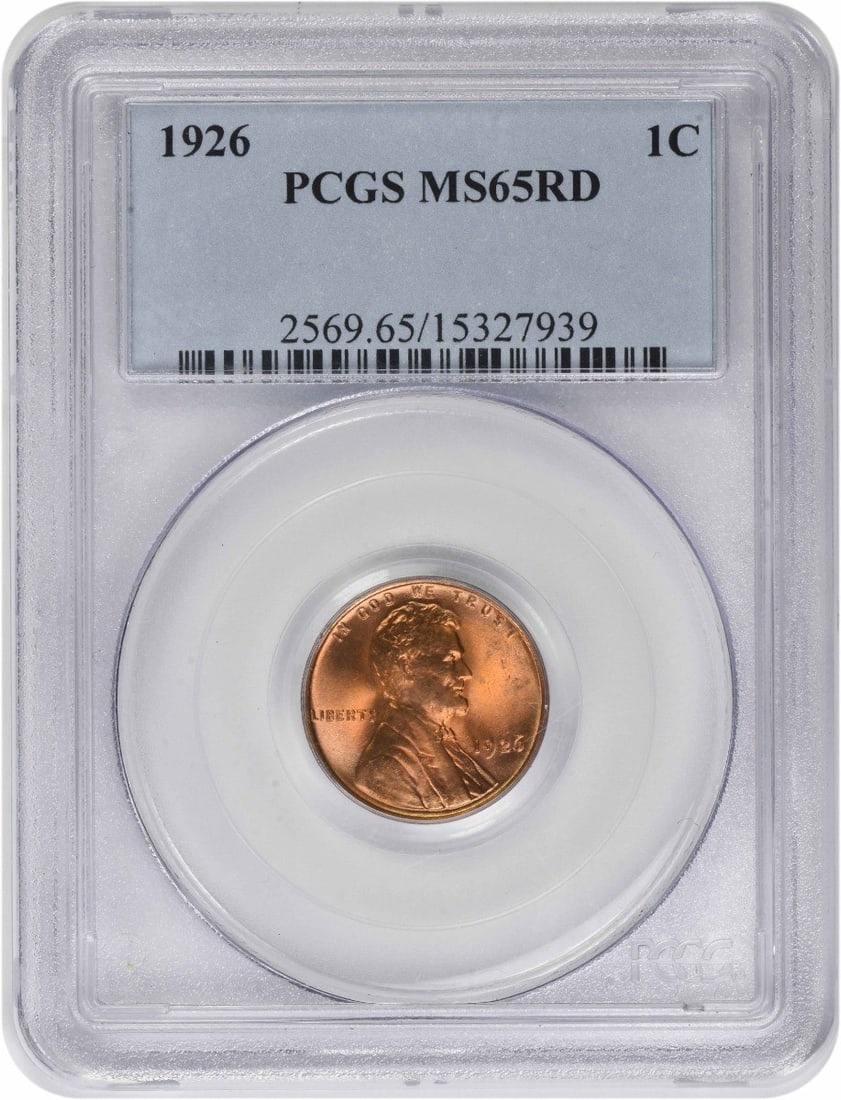 1926 Lincoln Cent MS65RD Uncirculated PCGS 95% Copper Wheat Design: 1926 Lincoln Cent MS65RD Uncirculated PCGS 95% Copper Wheat Design This 1926 Lincoln Cent is graded MS65RD by PCGS, indicating its exceptional uncirculated condition. Minted in Philadelphia, this coin