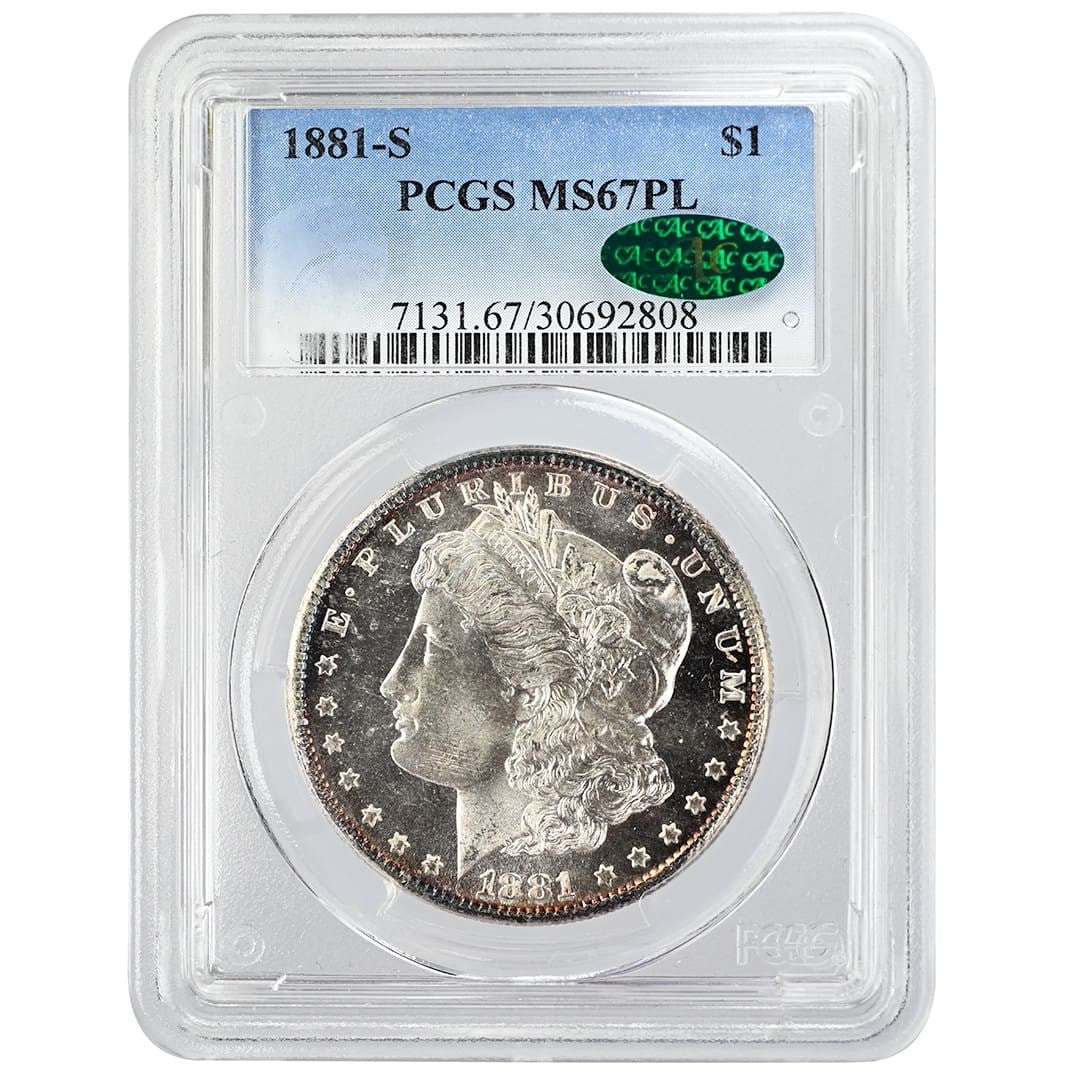 1881-S Morgan Dollar Silver PCGS MS67PL CAC: 1881-S Morgan Dollar Silver PCGS MS67PL CAC This is an 1881-S Morgan Dollar graded MS67PL by PCGS and approved by CAC. Struck in San Francisco, this uncirculated silver coin features a proof-like stri