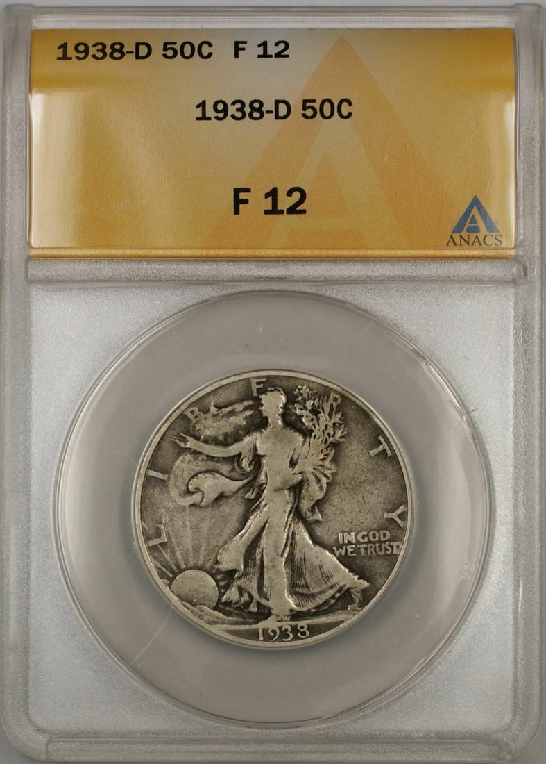 ANACS F 12 1938-D Silver Half Dollar Coin from Denver Mint: ANACS F 12 1938-D Silver Half Dollar Coin from Denver Mint This 1938-D Walking Liberty Half Dollar is a circulated silver coin certified by ANACS with a grade of F 12. Minted in Denver, it represents 