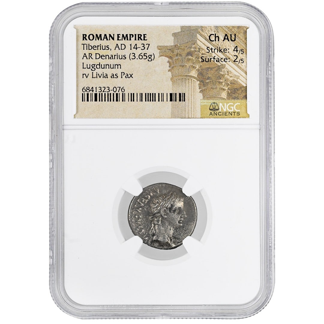 Tiberius Roman Empire Silver AR Denarius NGC CH AU: Tiberius Roman Empire Silver AR Denarius NGC CH AU This is a Roman Empire AR Denarius silver coin from the reign of Tiberius, dating from AD 14 to 37. The coin has been graded Choice About Uncirculate