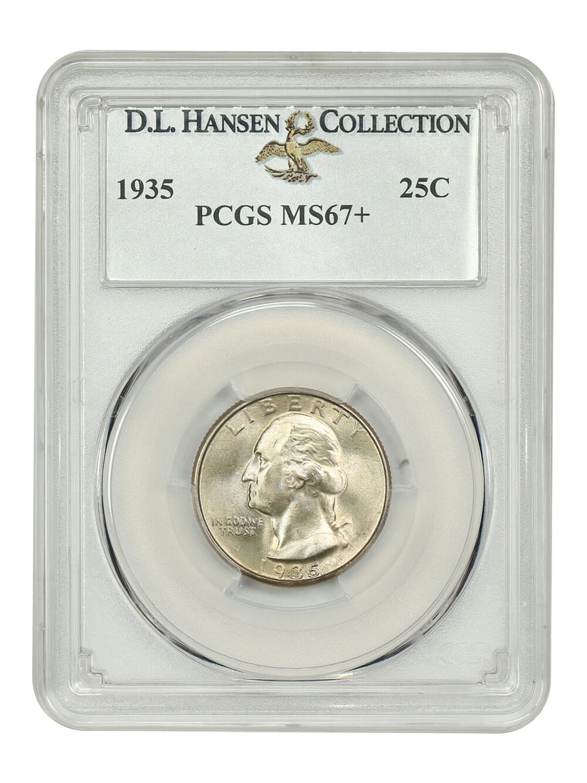 PCGS MS67+ 1935 Washington Quarter 25C ex D.L. Hansen: PCGS MS67+ 1935 Washington Quarter 25C ex D.L. Hansen 1935 Washington Quarter certified by PCGS and graded MS67+. The coin is from Philadelphia and is identified as ex: D.L. Hansen. It is described as