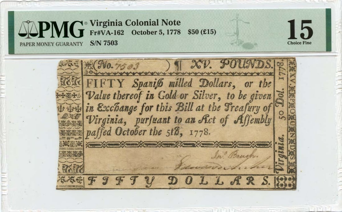 1778 $50 Virginia Colonial Note PMG F15 Certified Currency (1 of 2)