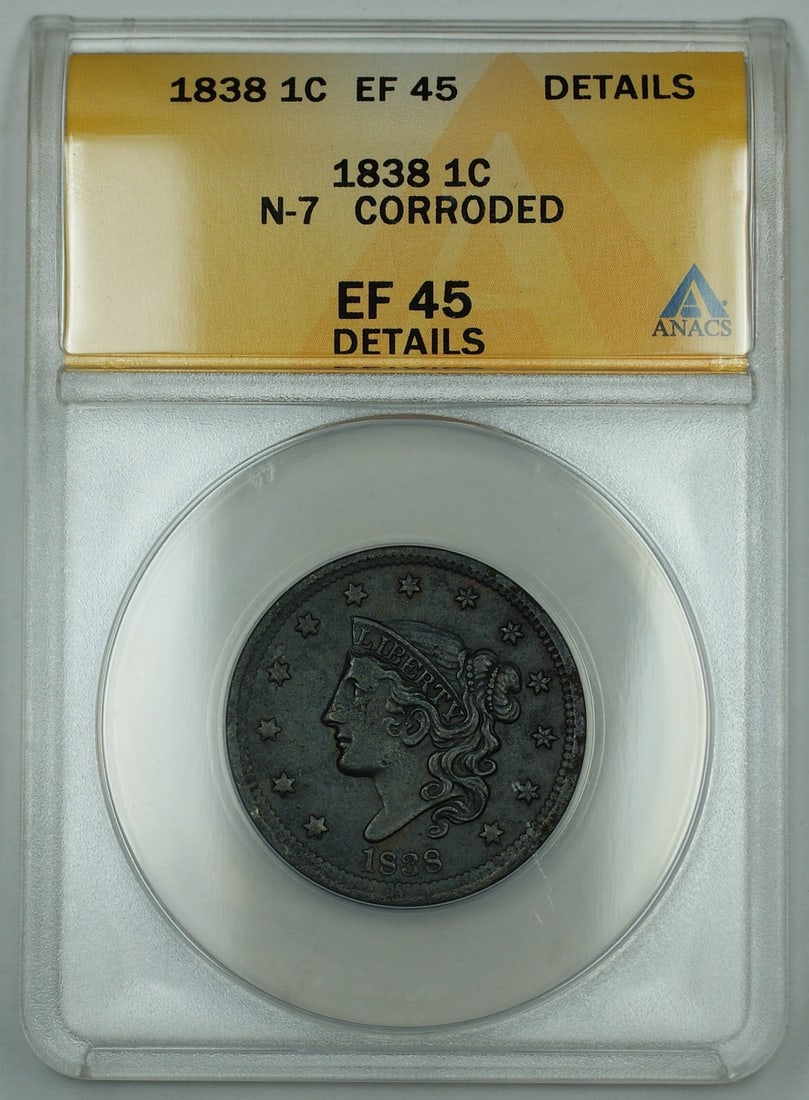 1838 Coronet Head Large Cent ANACS EF-45 Details Corroded Copper Coin: 1838 Coronet Head Large Cent ANACS EF-45 Details Corroded Copper Coin This is an 1838 Coronet Head Large Cent certified by ANACS with a grade of EF-45 Details. The coin is composed of copper and was m