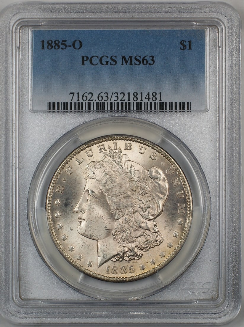 PCGS MS63 1885-O Morgan Silver Dollar: PCGS MS63 1885-O Morgan Silver Dollar This is an 1885-O Morgan Silver Dollar graded MS-63 by PCGS. Struck at the New Orleans Mint, this uncirculated coin is composed of silver and remains in pre-owned