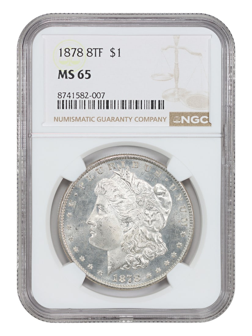 NGC MS65 1878 8TF Morgan Silver Dollar First Year: NGC MS65 1878 8TF Morgan Silver Dollar First Year An 1878 Morgan Dollar, identified as the 8TF variety with the prominent 8th tailfeather on the reverse. This first-year issue is certified by NGC as M