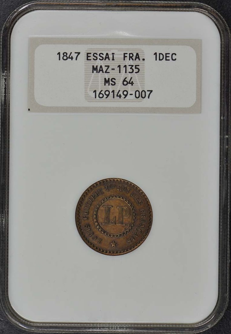1847 France Essai 1DEC Coin NGC MS64 Uncirculated: 1847 France Essai 1DEC Coin NGC MS64 Uncirculated This 1847 France Essai 1DEC coin is a remarkable collectible that has been graded by NGC as MS64, indicating its high quality and uncirculated conditi
