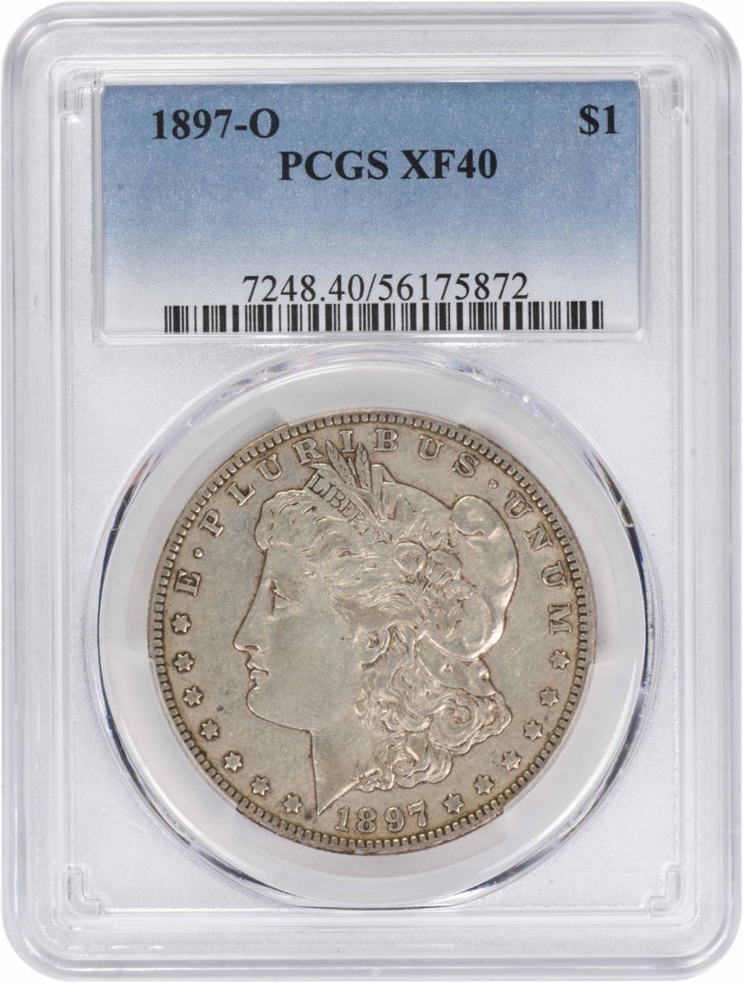 PCGS EF40 1897 O New Orleans Morgan Silver Dollar Coin: PCGS EF40 1897 O New Orleans Morgan Silver Dollar Coin This 1897-O Morgan Silver Dollar is graded EF40 by PCGS and was minted in New Orleans. Composed of 90% silver and 10% copper, this pre-owned coin