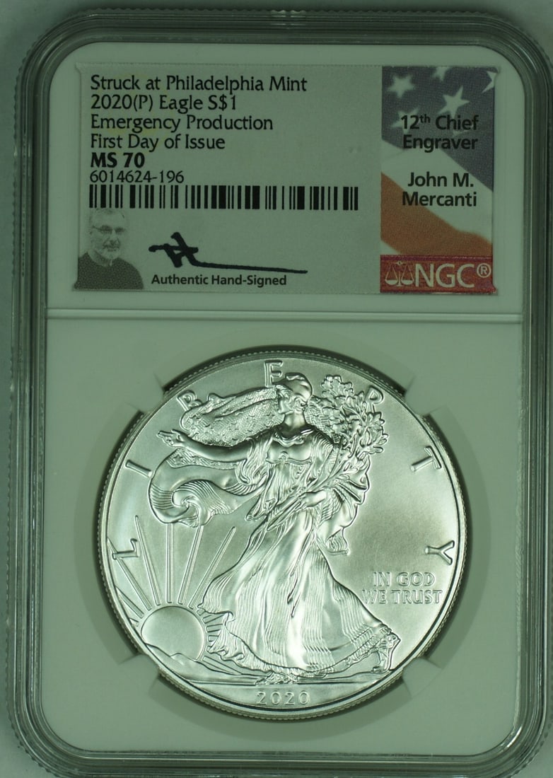 NGC MS 70 2020 Silver Eagle Dollar Struck in Philadelphia Mint: NGC MS 70 2020 Silver Eagle Dollar Struck in Philadelphia Mint This 2020 American Silver Eagle $1 coin is composed of .999 fine silver and was struck at the Philadelphia Mint. Certified by NGC with a 