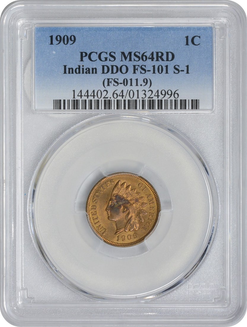 PCGS MS64RD 1909 Indian Head Cent FS-101 DDO: PCGS MS64RD 1909 Indian Head Cent FS-101 DDO This 1909 Indian Head Cent is a desirable collectible, featuring a doubled die obverse (DDO) with the FS-101 variety. Graded MS64RD by PCGS, this uncircula