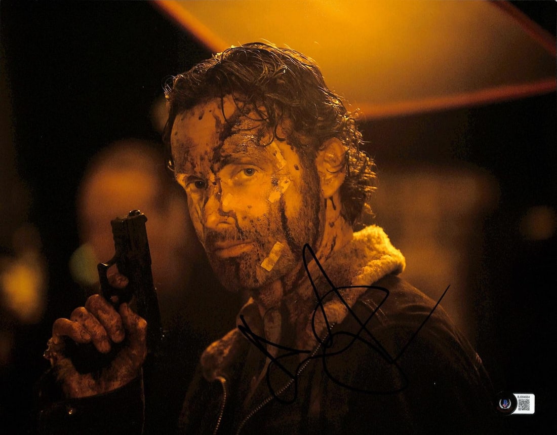 Beckett authenticated Andrew Lincoln Walking Dead signed 11x14 photo: Beckett authenticated Andrew Lincoln Walking Dead signed 11x14 photo This 11x14 photograph features a vivid image from AMC's acclaimed television series The Walking Dead and is hand-signed by Andrew L